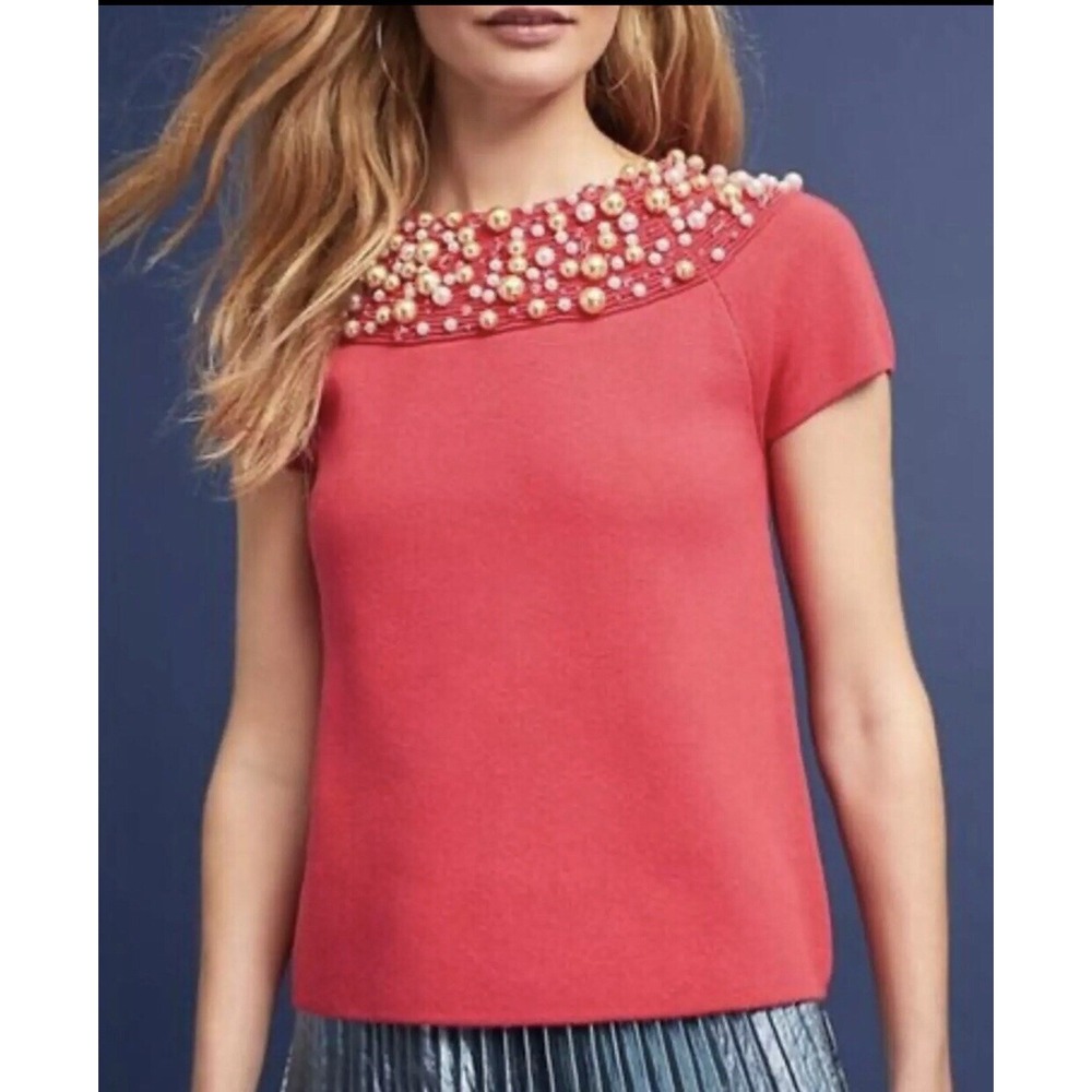 MOTH Anthropologie M Red Coral Pearl Dangle Beaded Knit Top‎ Brienne